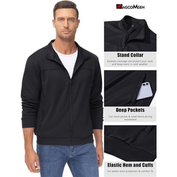 Mens Track Jacket Lightweight Full Zip Athletic Workout Running Active Coat Pock - Picture 4 of 7